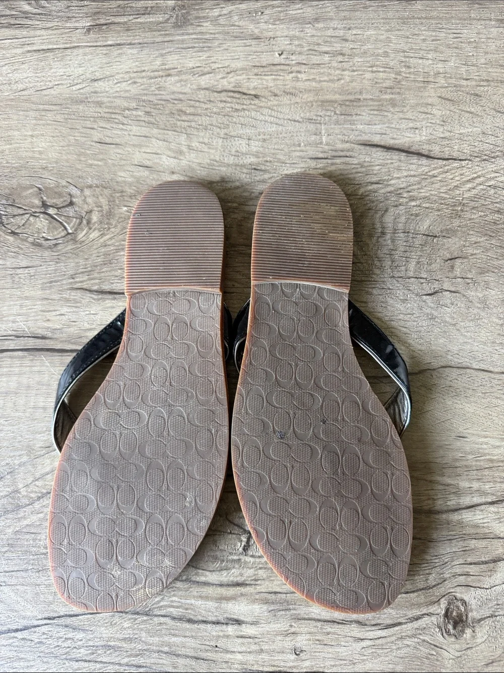 Coach Black Leather Thong Sandals with Brown Embossed Footbed size 8 B